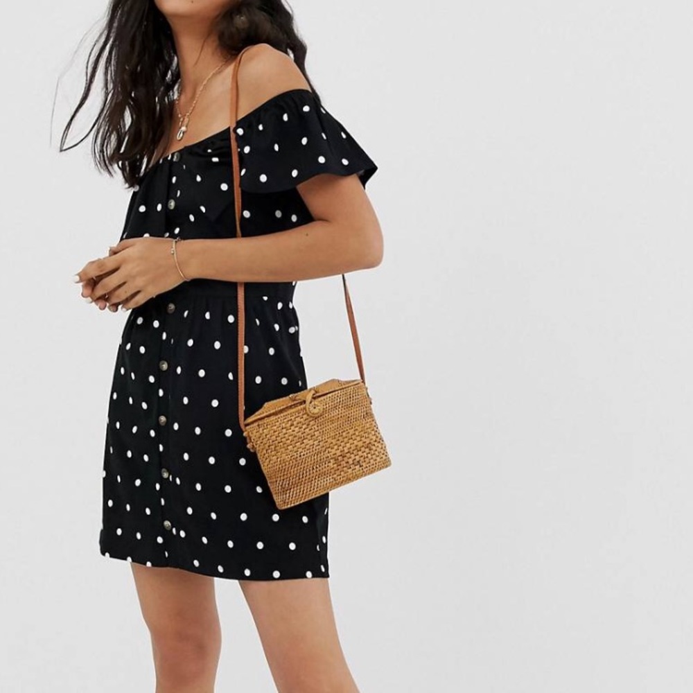 ASOS off shoulder black and white polka dot dress